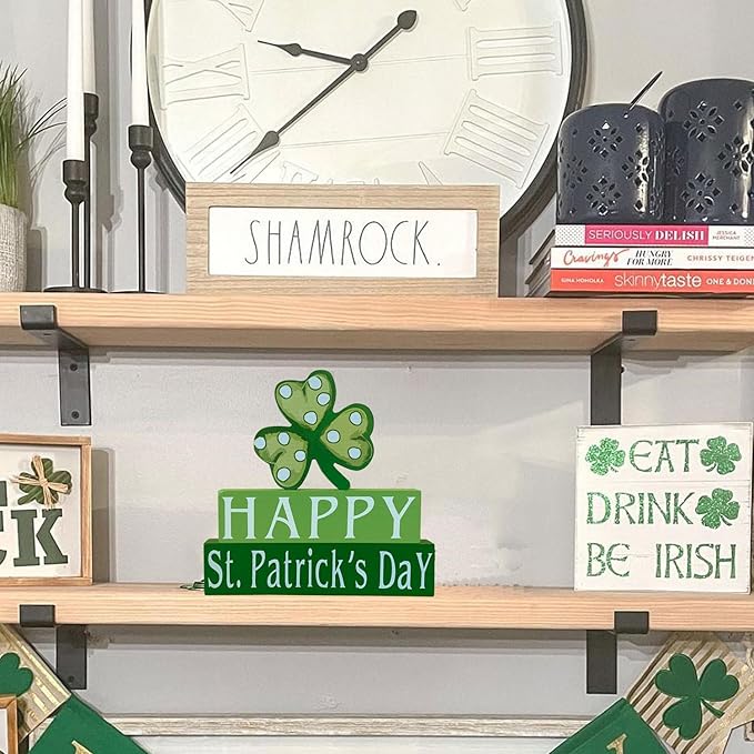 Happy St. Patrick's Day Wood Block Table Sign, Wooden Shamrock Table Top Decorations Tiered Trays Desk Shelf Irish Home Office Coffee Bar Decor 3 Pieces Green