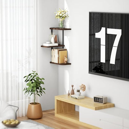 Love-KANKEI Corner Shelf Wall Mount of 3 Tier Rustic Wood Floating Shelves for Bedroom Living Room Bathroom Kitchen Office and More Dark Walnut