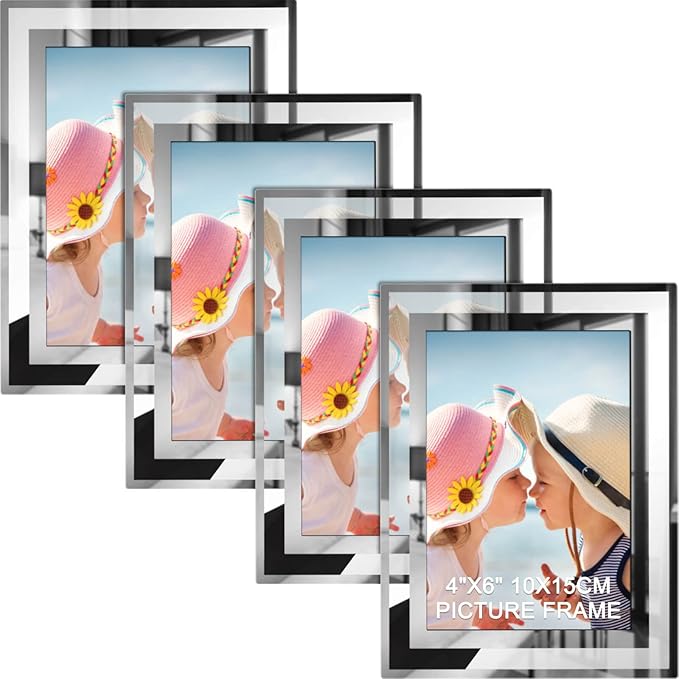 IZIDDO 4x6 Picture Frames Set of 4, Silver Mirror Glass Photo Frame for Tabletop Display, Gift Picture Frame, Horizontally or Vertically