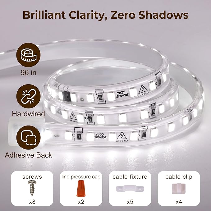 96inch Hardwired Under Cabinet Lighting for Kitchen, 6000K White Wired Undercounter Waterproof Led Strip Lights, Luces para Cocina Bajo Gabinete Under Shelf Lights