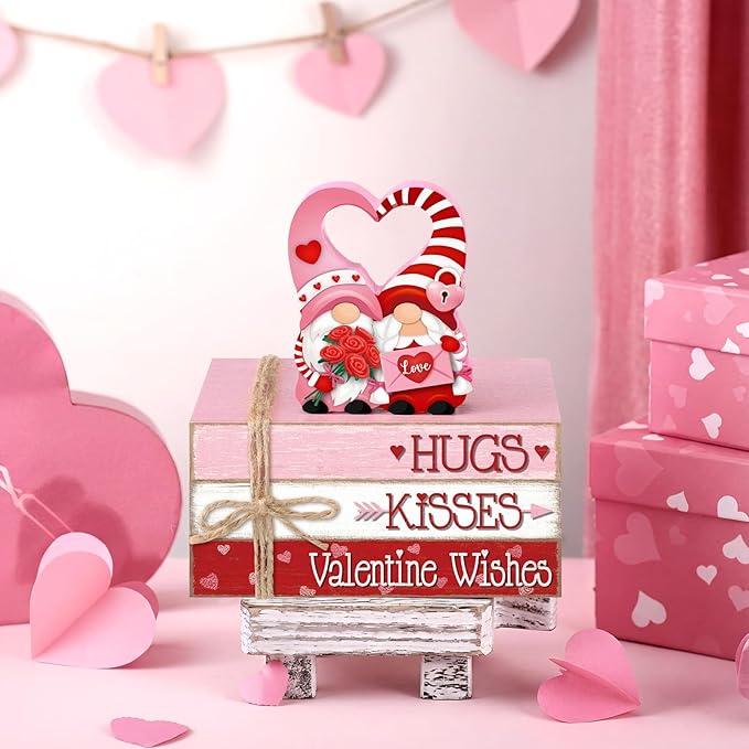 Geelin 4 Pcs Valentine Decorations Valentine Tiered Tray Decoration Wooden Gnome Book Stack Signs Ornament Vintage Table Decoration for Home Office Table Shelf Centerpiece Farmhouse Decorations