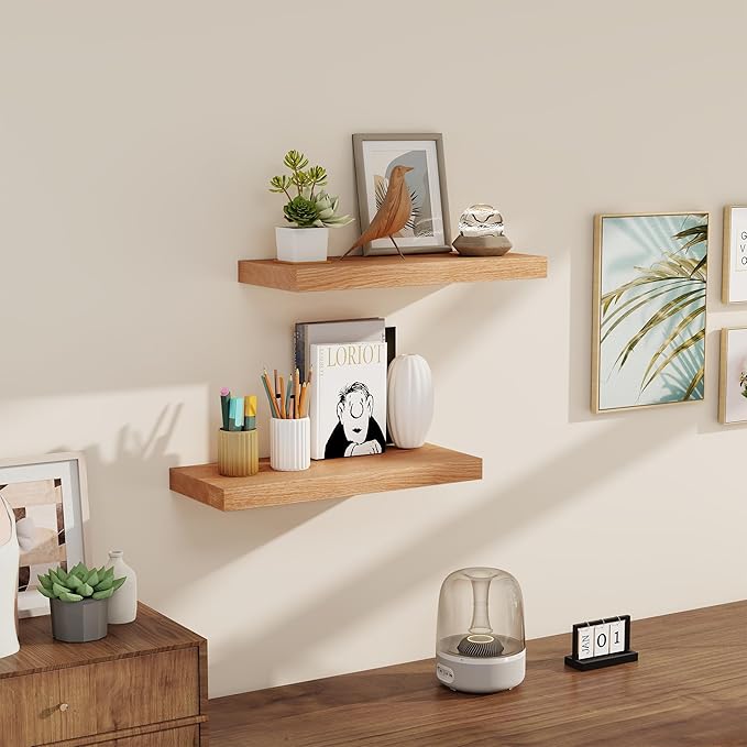 RICHFOCUS Floating Shelves for Wall 24 Inch Solid USA-Sourced Oak Wooden Shelves for Bathroom Kitchen 9" Deep Modern Wood Shelf with Heavy-Duty Bracket for Wall Mounted, Natural Finish