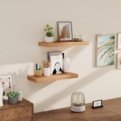 RICHFOCUS Floating Shelves for Wall 24 Inch Solid USA-Sourced Oak Wooden Shelves for Bathroom Kitchen 9" Deep Modern Wood Shelf with Heavy-Duty Bracket for Wall Mounted, Natural Finish