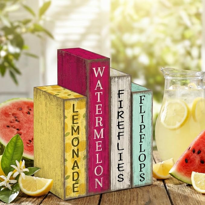 4 Pcs Summer Table Decoration Wooden Book Lemon Watermelon Wooden Sign Yellow and Red Summer Tiered Tray Decor Wood Book Sign Farmhouse for Home Shelf Coffee Table