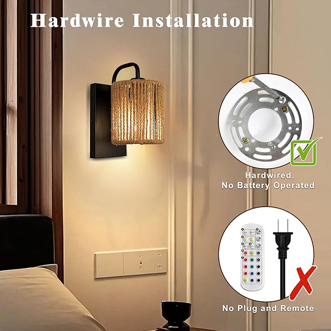 Boho Wall Sconce, Rattan Wall Light Fixtures with Hemp Rope Sconces for Living Room Bathroom Hallway Rustic Bohemian Modern Woven Scocne E26 10inch