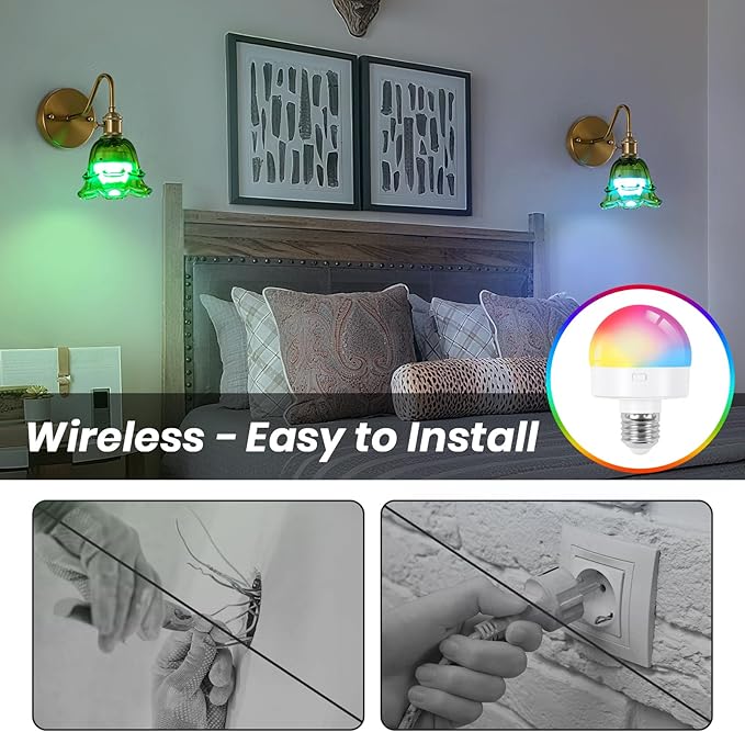 Battery Operated Wall Sconces, Set of Two RGB Color Dimmable Wall Sconce with Remote, Green Glass Lampshade Wall Decor Set of 2 for Living Room, Bedroom, Bedside, Bathroom