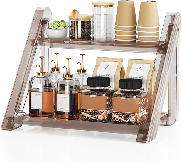 NiHome Foldable Countertop Coffee Station Organizer Rack, 2-Tier Shelf for Coffee Bar Accessories, Condiment Storage Caddy for Kitchen, Home, Office (Brown)