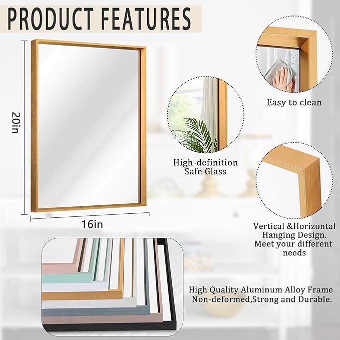 AAZZKANG Bathroom Mirror Rectangular Decorative Metal Mirrors for Wall with Frame Bedroom Living Room Home Decor Gold 20