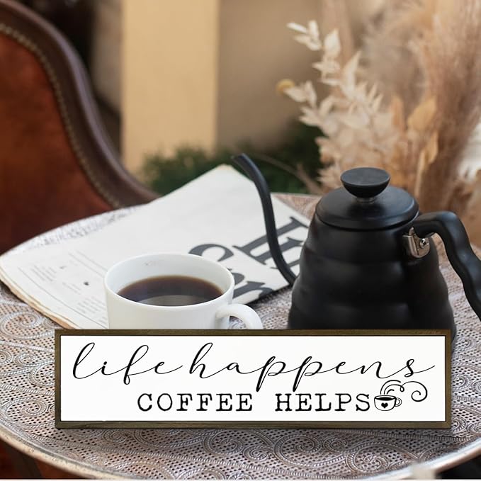 Coffee Wooden Box Sign, Country Farmhouse Decor for Home Kitchen, Coffee Station Wall Decors, Desktop Decor, Coffees Addict Gift, Life Happens Coffee Helps Sign, 17.8x4x1.2 inches