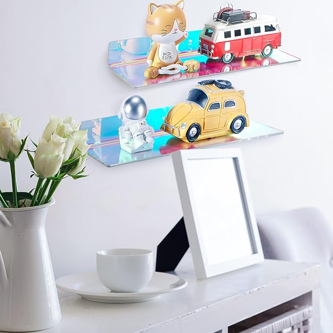 Rainbow Iridescent Acrylic Shelves Floating Wall Ledge Bookshelf Wall Mounted Shelf Display Organizer for Kids Room Bathroom Bedroom Living Room Nursery Office Kitchen (2 Pieces)