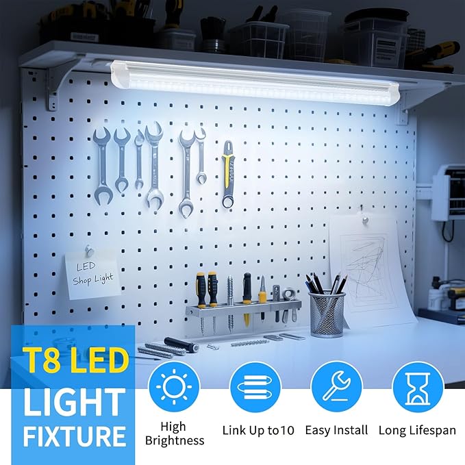 CNSUNWAY LED Shop Light 2FT, 20W 3000LM 6500K, T8 LED Tube Lights, Clear Cover, Ceiling and Utility Shop Lights, Linkable Light Fixture for Room, Garage, Workbench, Warehouse, ETL Listed (2 Pack)
