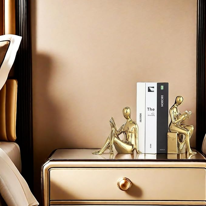 Home Decorative Reading Book Statue Bookends Elegant Ceramic Bookshelf Room Office Desk Decor,Paper Weights, Book Ends,Bookend Supports, Book Stoppers, Set of 2 (Gold)