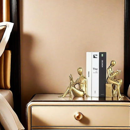 Home Decorative Reading Book Statue Bookends Elegant Ceramic Bookshelf Room Office Desk Decor,Paper Weights, Book Ends,Bookend Supports, Book Stoppers, Set of 2 (Gold)