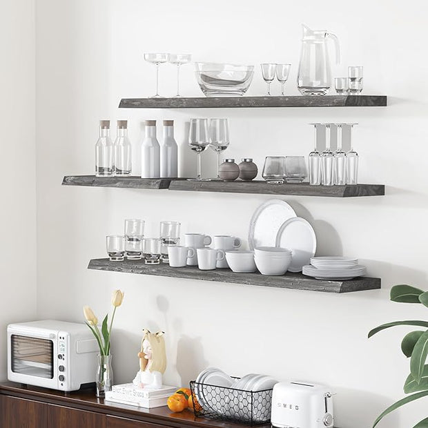 Fun Memories Floating Shelves for Wall, 55"x9.3" Rustic Solid Live-Edge Elm Wood Wall Shelves, Heavy-Duty Floating Shelves with Invisible Brackets for Living Room, Bedroom, and Kitchen, Grey Finish