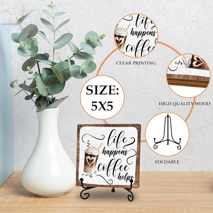 Coffee Lover Gifts for Women Men, Wooden Sign With Stand, Funny Coffee Bar Accessories for Farmhouse Home Kitchen Table, Table Decorations Supplies, Desk Shelf Cubicles for Bar Decoration Plaque Gifts