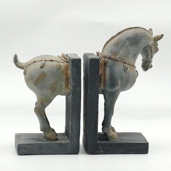 Lukitas Tang Horse Decorative Bookends, Heavy Duty Non-Slip Book Holders, Vintage Artistic Ornaments for Office Home Bookshelf Decor, Resin