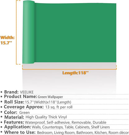 VEELIKE 15.7''x118'' Matte Shamrock Green Wallpaper Peel and Stick Vintage Green Contact Paper Waterproof Self Adhesive Removable Wallpaper for Bedroom Walls Cabinets Countertops Drawer Shelves Vinyl