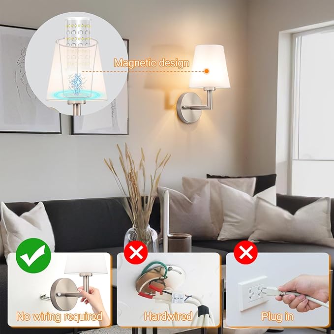 Battery Operated Wall Sconces Set of 2, Wireless Wall Light with 10000mAh RGB Dimmable Magnetic Bulb, Rechargeable Wall Sconce with Remote Control for Bedroom Living Room