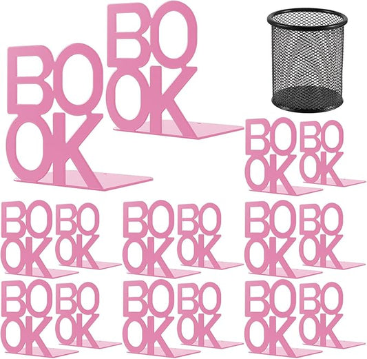 Book Ends - Decorative Metal Book Ends Supports for Bookrack Desk,Books, Unique Appearance Design,Heavy Duty (Pink, 8 Pair)