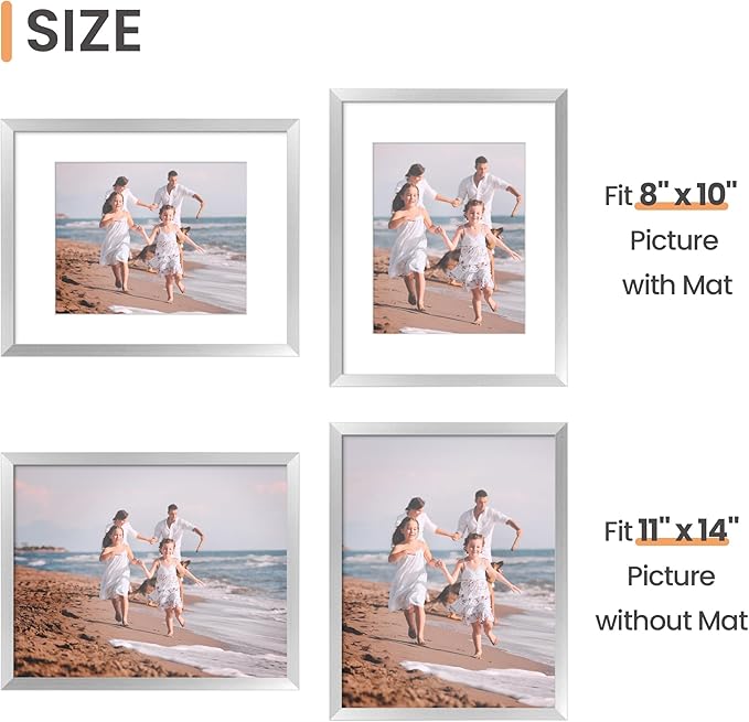 upsimples 11x14 Picture Frame Set of 5, Display Pictures 8x10 with Mat or 11x14 Without Mat, Wall Gallery Photo Frames, Silver