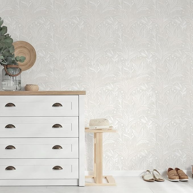 Peel and Stick Wallpaper Boho Contact Paper Beige Neutral Leaf Wall Paper Modern Self Adhesive Removable Wallpaper for Bedroom Living Room Waterproof Vinyl Roll 17.3"x393"