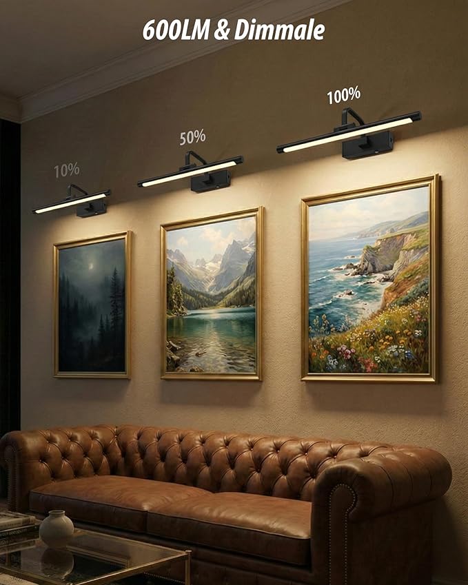URSOLA 16“ Picture Lights for Wall, Black Battery Operated Picture Frame Light, Dimmable LED Light Over Picture Frame with 3 CCT, Display for Gallery, Living Room, Bedroom, Hallway