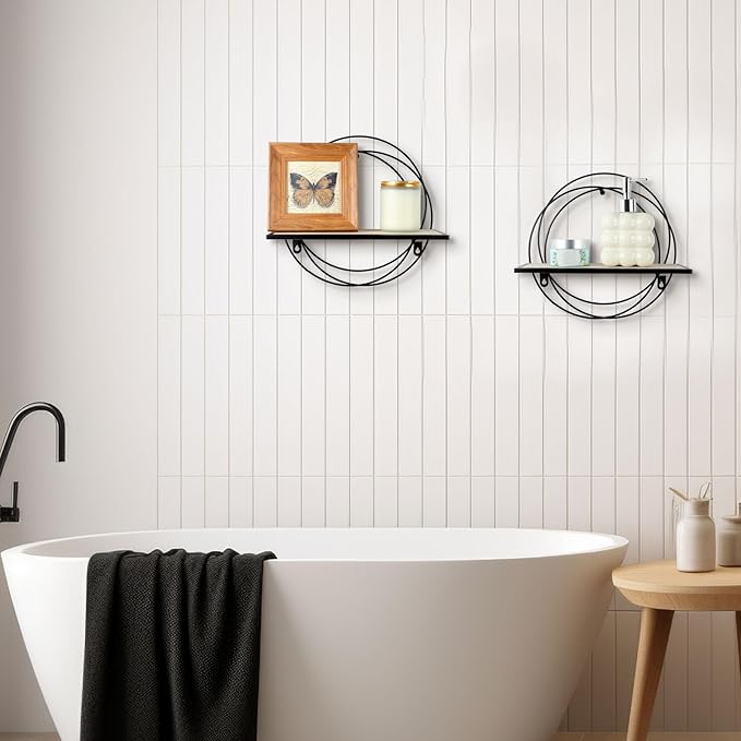 3 Pcs Floating Shelves Wall Mounted Hanging Shelf with Metal Wire and Wood, Foldable Round Shelf Wall Decor for Storage Bedroom Bathroom Living Room Kitchen Office Home Decoration (Black)