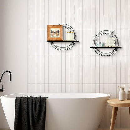 3 Pcs Floating Shelves Wall Mounted Hanging Shelf with Metal Wire and Wood, Foldable Round Shelf Wall Decor for Storage Bedroom Bathroom Living Room Kitchen Office Home Decoration (Black)