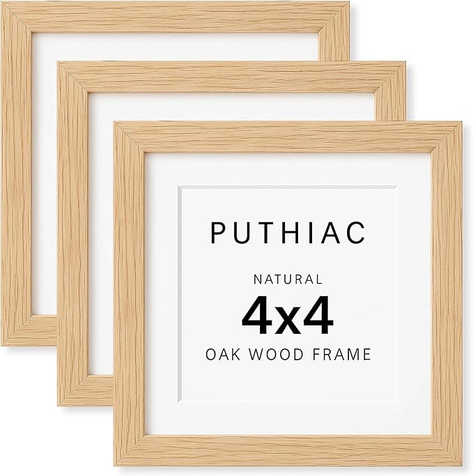 puthiac 4x4 Solid Oak Wood Picture Frame, Fits 3x3 with Mat or 4x4 Without Mat, Wall or Tabletop Display with Stand, Plexi Front, 3 Pack, Natural Oak