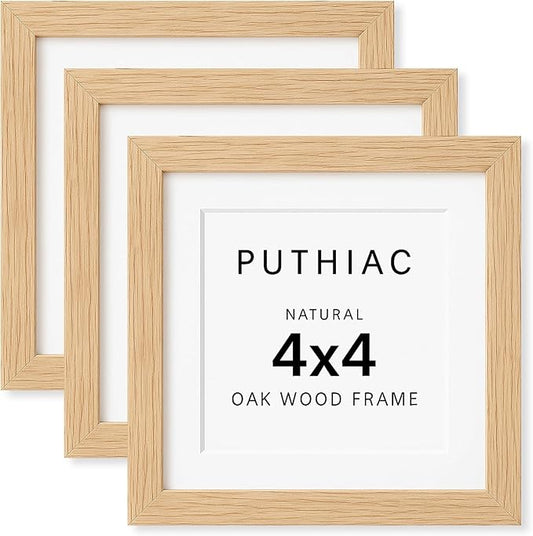 puthiac 4x4 Solid Oak Wood Picture Frame, Fits 3x3 with Mat or 4x4 Without Mat, Wall or Tabletop Display with Stand, Plexi Front, 3 Pack, Natural Oak
