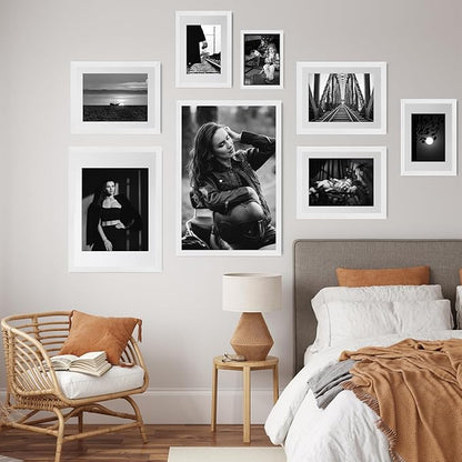 puthiac 11x14 Solid Oak Wood Picture Frame, Fits 8x10 with Mat or 11x14 Without Mat, Wall Display Only, Vertical or Horizontal, Plexi Front, 1 Pack, White