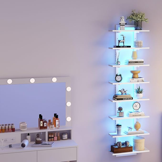 8 Tier Wall Shelf Unit with LED Light, White Floating Shelf, Vertical Display Shelf, Wall Decor for Bedroom, Living Room, Vanity, 15