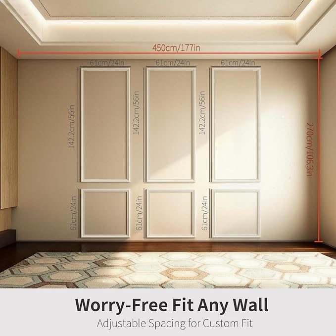 VCK Pre-Cut Wall Molding Set of 6 | Wainscoting Panels Kit for Accent Wall | Ready-to-Assemble Wall Panels for Living Room, Bedroom | Easy DIY Installation with Glue (3 Top & 3 Bottom)