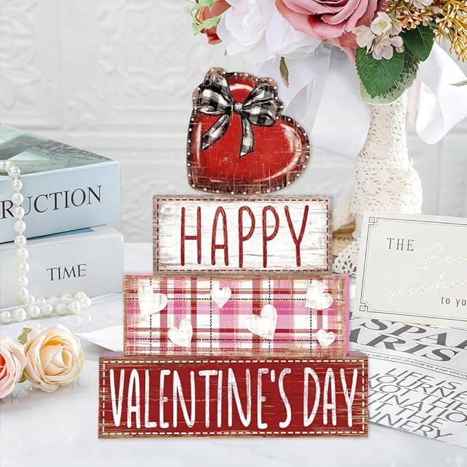 DIYDEC 4Pcs Valentine's Day Table Decoration Valentine Heart Wooden Block Signs Rustic Valentines Tiered Tray Decor Happy Valentine's Day Centerpiece Sign for Farmhouse Holiday Tabletop Party Decor