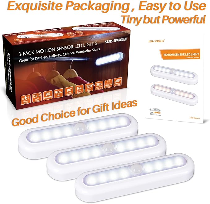 STAR-SPANGLED 3 Pack 7” Motion Sensor Lights Indoor Battery Operated, Stick on LED Light for Closet, Stairs, Under Cabinet, Cool White