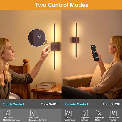 Battery Operated Wall Sconce Set of 2, 8000mAh Rechargeable Wall Sconces, 3000K-6000K Dimmable, 350°Rotate, Indoor Wall Lights for Bedroom Living Room Bathroom, Black Walnut, 23.6 Inch