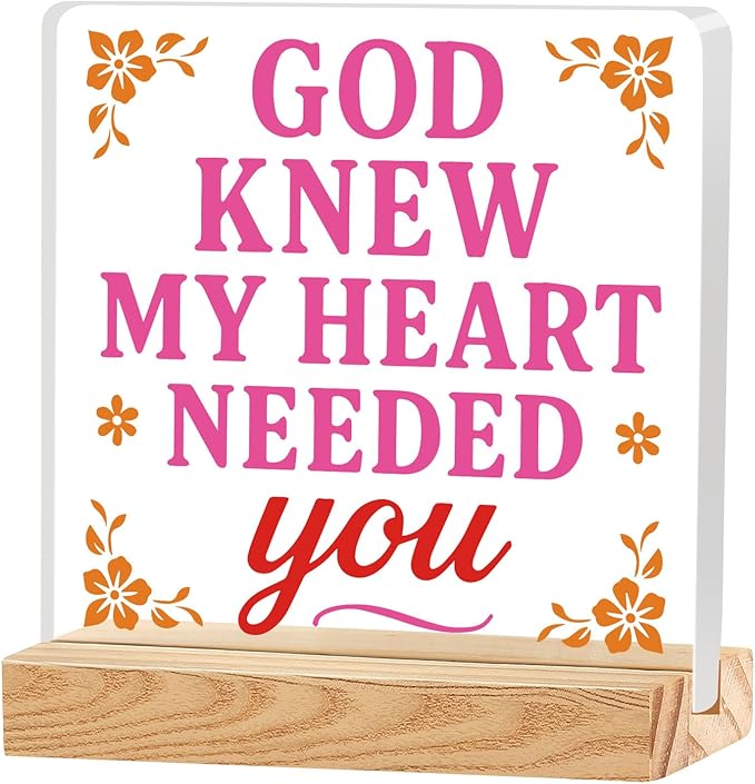 Valentines Desk Decor, Happy Valentine's Day Home Office Table Sign for Porch Tiered Tray Shelf Party, Rustic Romantic Acrylic Gifts Decorations for Him Her Wife, God Knew My Heart Needed You