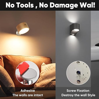Rechargeable Wall Lights Battery Operated, Battery Wall Sconces Set of Two for Bedroom, Wood Lights of Sweden Wall Lamps, 360° Rotation Dimmable Brightness Wireless Wall Sconce with Touch Control