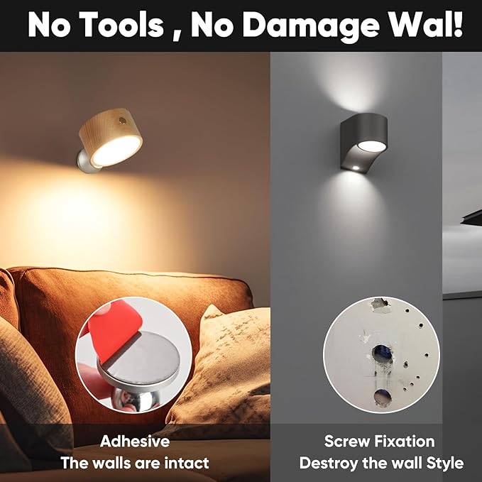 Rechargeable Wall Lights Battery Operated, Battery Wall Sconces Set of Two for Bedroom, Wood Lights of Sweden Wall Lamps, 360° Rotation Dimmable Brightness Wireless Wall Sconce with Touch Control
