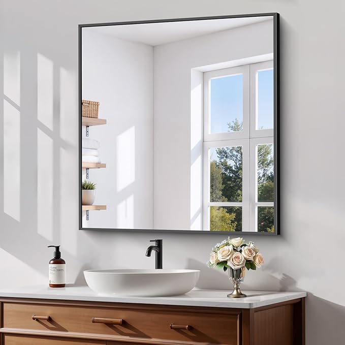Koonmi Black Framed Bathroom Mirror - Shatterproof 32