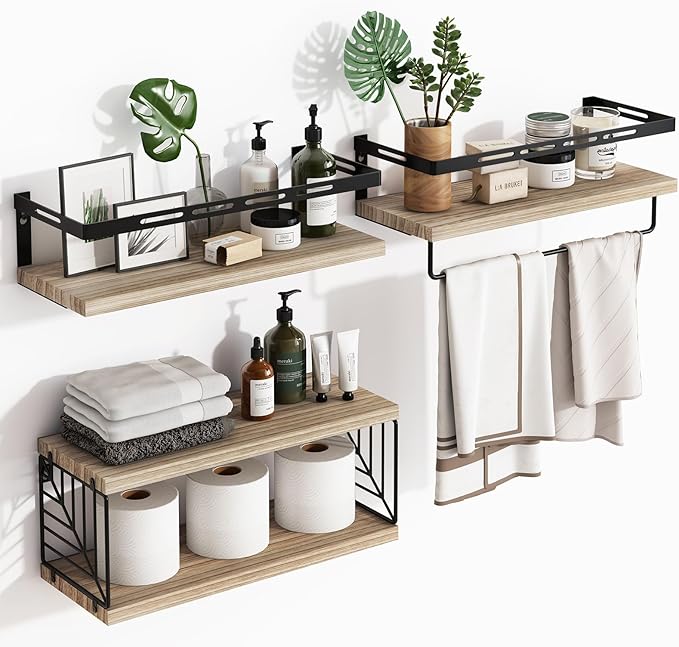 Fixwal 3+1 Bathroom Shelves Over Toilet, Floating Shelves Wall Mounted with Metal Frame and Towel Bar for Bathroom, Kitchen, Bedroom, Living Room (Rustic Brown)