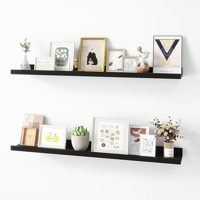 Picture Ledge Shelf, Wood Floating Shelves Set of 2, 36 inch Picture Ledge Shelves, Photo Ledge Nursery Book Shelves Wall Mounted for Living Room Kids' Room Bedroom, Color Black