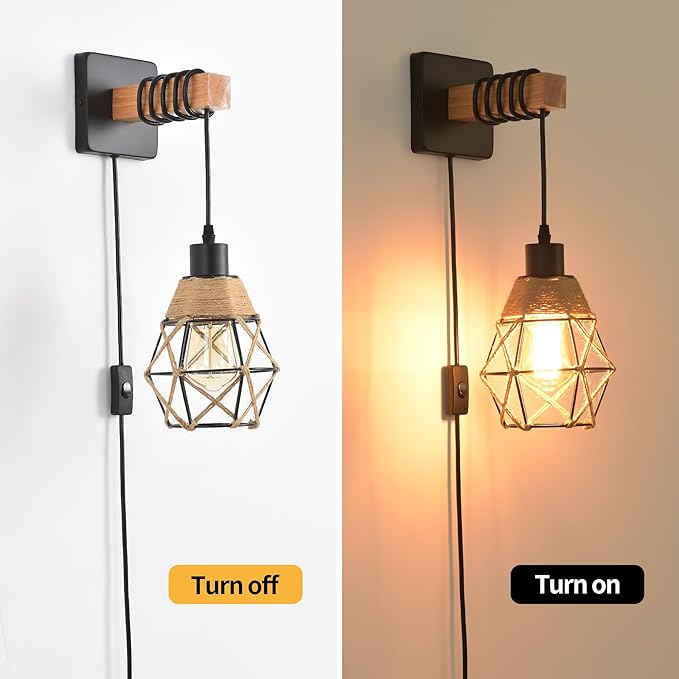 Rustic Wall Sconces Fixtures with Plug in Cord, Set of Two Indoor Vintage Rattan Wall Light Industrial Lamp Fixture Farmhouse Metal Sconces Light for Bedroom Bedside Living Room