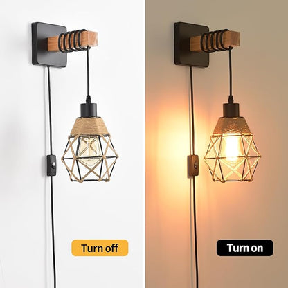 Rustic Wall Sconces Fixtures with Plug in Cord, Set of Two Indoor Vintage Rattan Wall Light Industrial Lamp Fixture Farmhouse Metal Sconces Light for Bedroom Bedside Living Room
