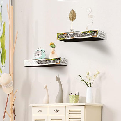 TACIDON Mirrored Floating Shelves - Crystal Crushed Diamond Modern Wall Shelves Set of 2, Gorgeous Glass Mirror Shelf for Home Decor, Bedroom, Living Room, Bathroom, Kitchen - Silver