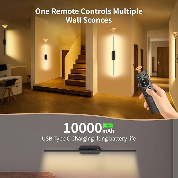 2026 Upgraded Wall Sconces Set of 2, Magnetic 10000mAh Wireless USB Rechargeable Wall Lights,360°Rotation Wall Sconce With Remote Control,LED Dimmable Wall Lamp For Living Room,Bedroom,Hallway (30 In)