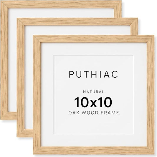 puthiac 10x10 Solid Oak Wood Picture Frame, Fits 6x6 with Mat or 10x10 Without Mat, Wall Display Only, Plexi Front, 3 Pack, Natural Oak