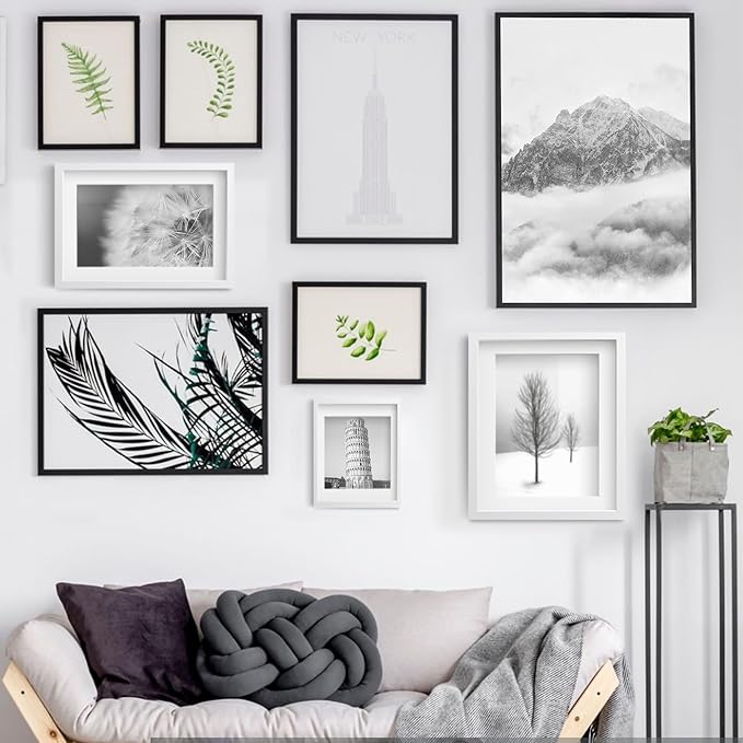Wiscet 11x14 Picture Frame Set of 9, Display Pictures 8x10 with Mat or 11x14 Without Mat, Photo Frame for Wall Mounting or Tabletop Display, Black.