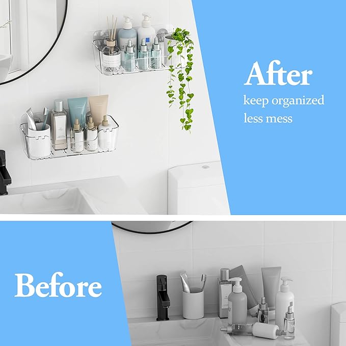 TZAMLI Acrylic Shower Caddy, Wall Mounted Adhesive Shelves with Lip, No Drilling Shower Organizer Clear Shelf for Bathroom Toilet Kitchen Storage, Large Long