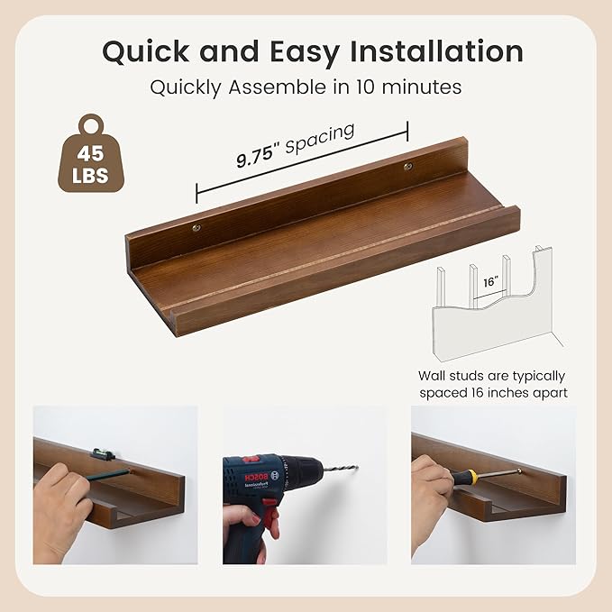 Pine Wood Rustic Floating Ledge Shelves Set of 3, 16 inches Width - Solid Pine, Walnut Finish - Kids' Room to Living Room Wall Decor